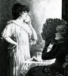 Ellen Terry besucht Sarah Bernhardt in ihrer Garderobe im Royal English Opera House, ca. 1881